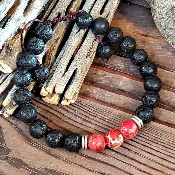 Handcrafted Chakra Bracelet Red Aqua Terra Jasper Black Lava - Picture 2 of 7